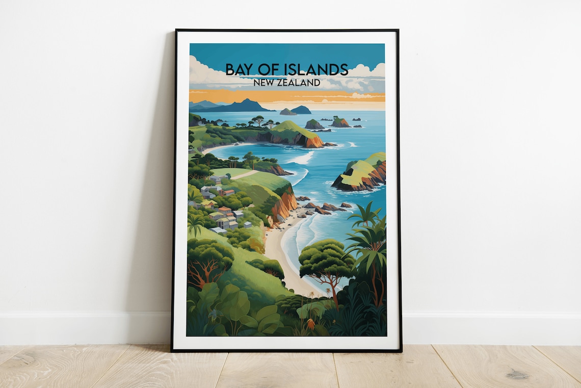 Bay of Islands New Zealand Lush Coastal Hills Sunset Travel Poster