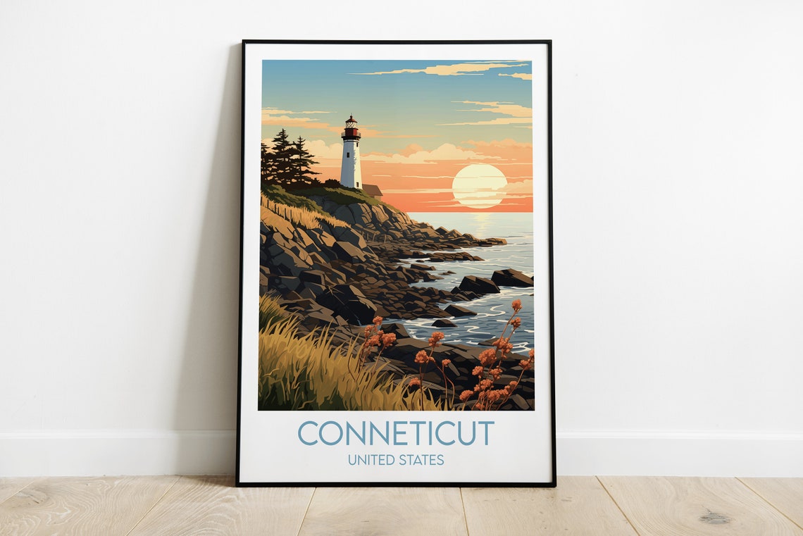 Connecticut New England Lighthouse Ocean Cliffs Travel Poster