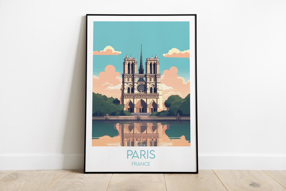 Notre Dame Cathedral Paris France Vintage Travel Style Poster