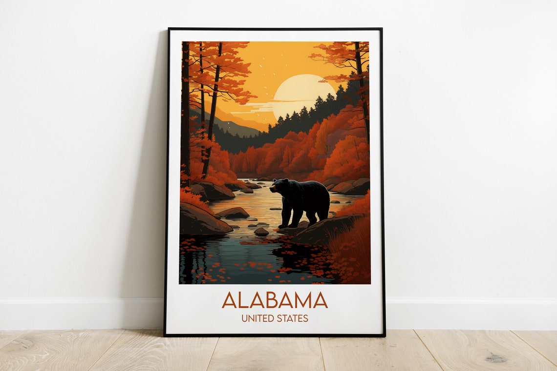 Alabama United States Black Bear Forest Stream Travel Poster