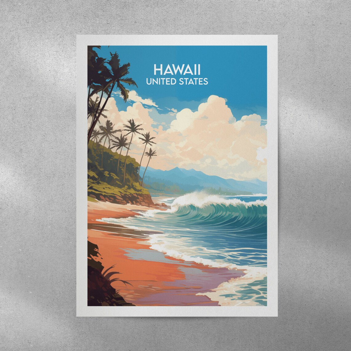 Hawaii United States Tropical Beach Palm Trees Waves Travel Poster - Image 2