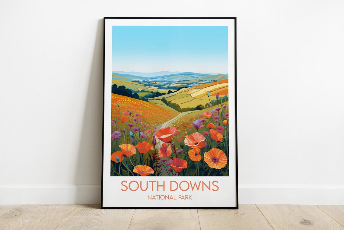 South Downs National Park England Vintage Poppy Fields Travel Poster