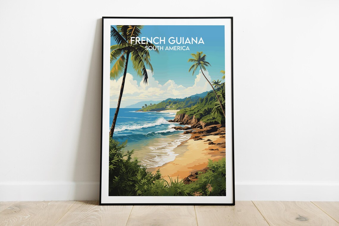 French Guiana South America Blue Water Beach Palm Coast Poster