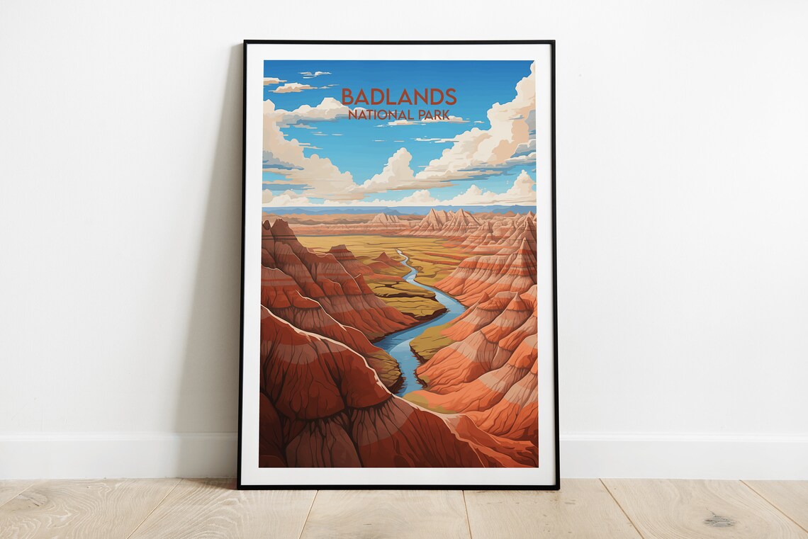 Badlands National Park Winding River Canyon Vintage Travel Poster