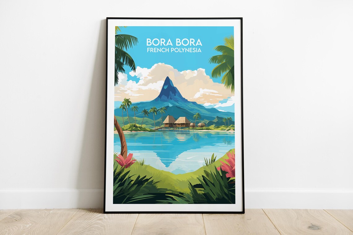 Bora Bora Island Peak Tropical Lagoon Retro Travel Illustration Poster