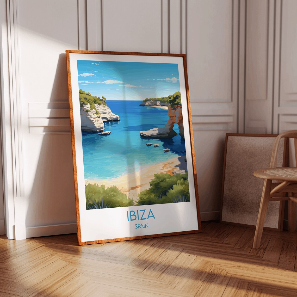 Ibiza Spain Rocky Cove Sandy Beach Mediterranean Bay Art Poster - Image 2