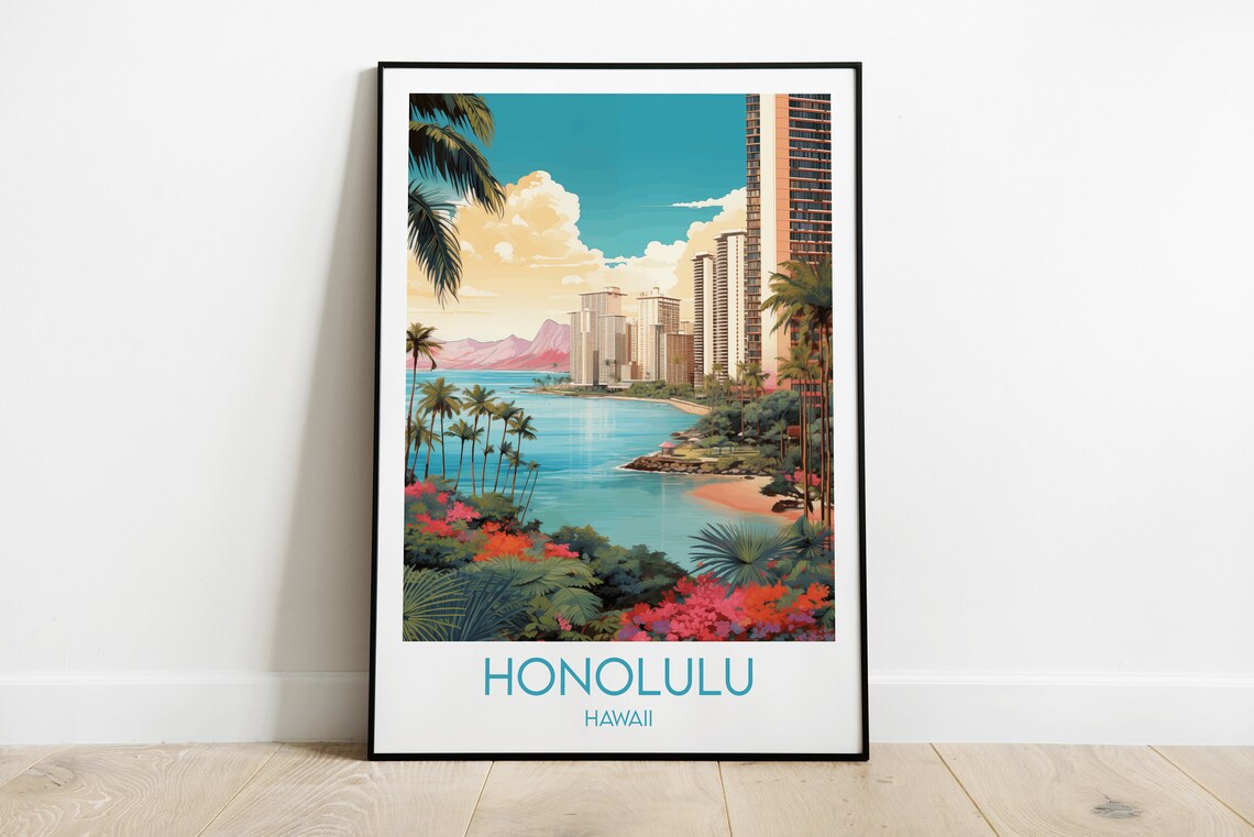 Honolulu Hawaii Tropical Lagoon Bay City Skyline Retro Poster