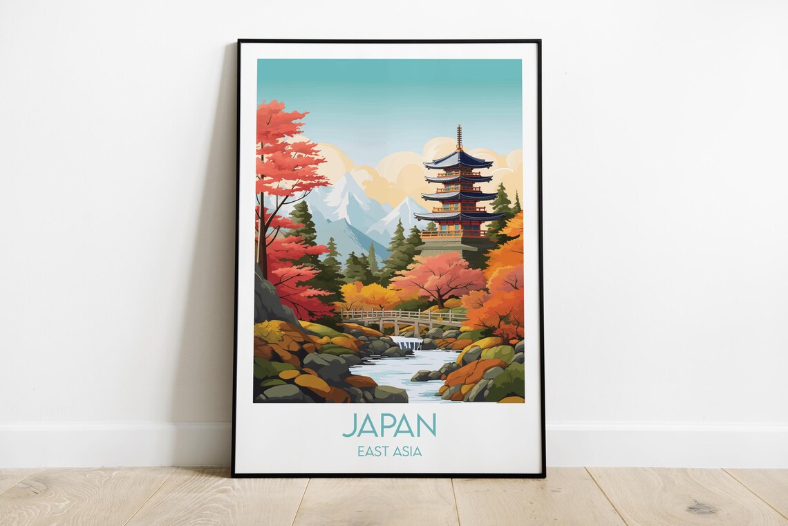 Japan East Asia Pagoda Autumn Foliage River Mountain Travel Poster