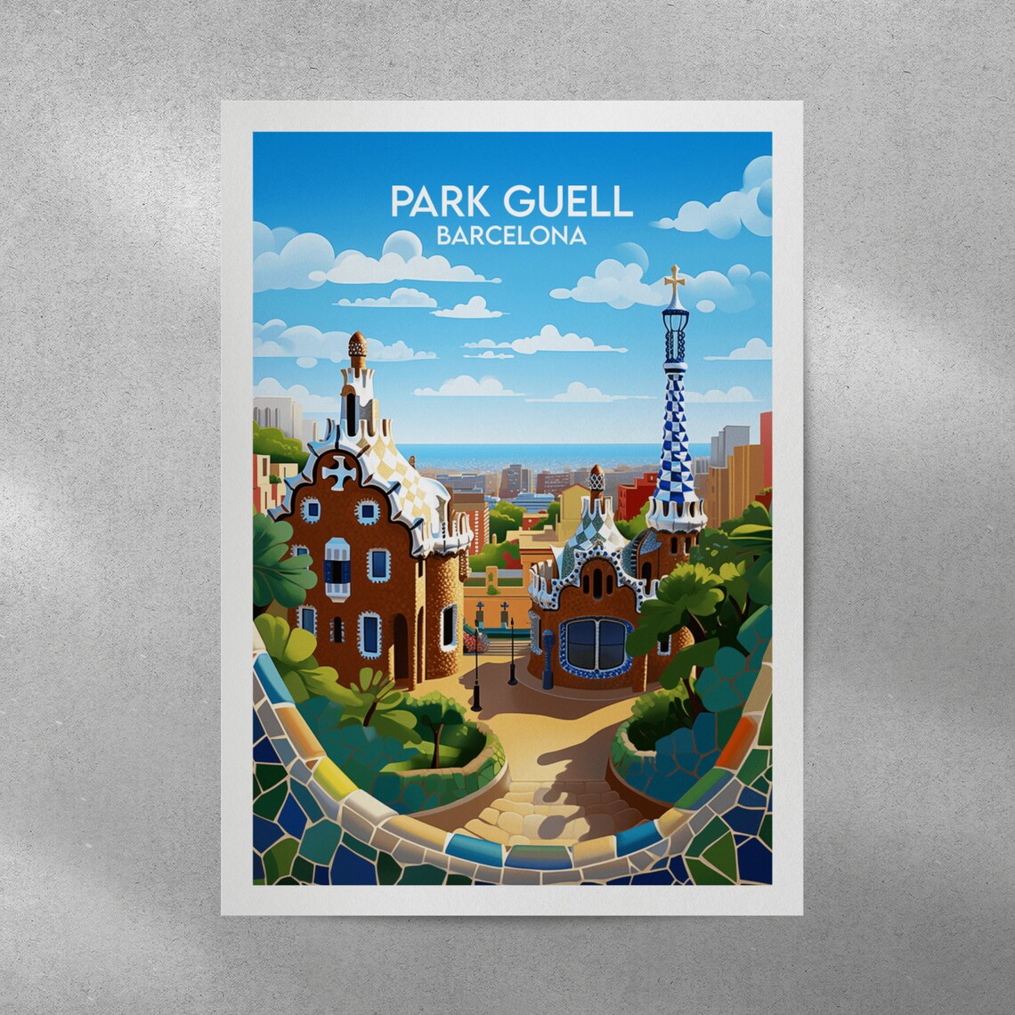 Park Guell Barcelona Gaudi Mosaic Gatehouse Gardens City Travel Poster - Image 5