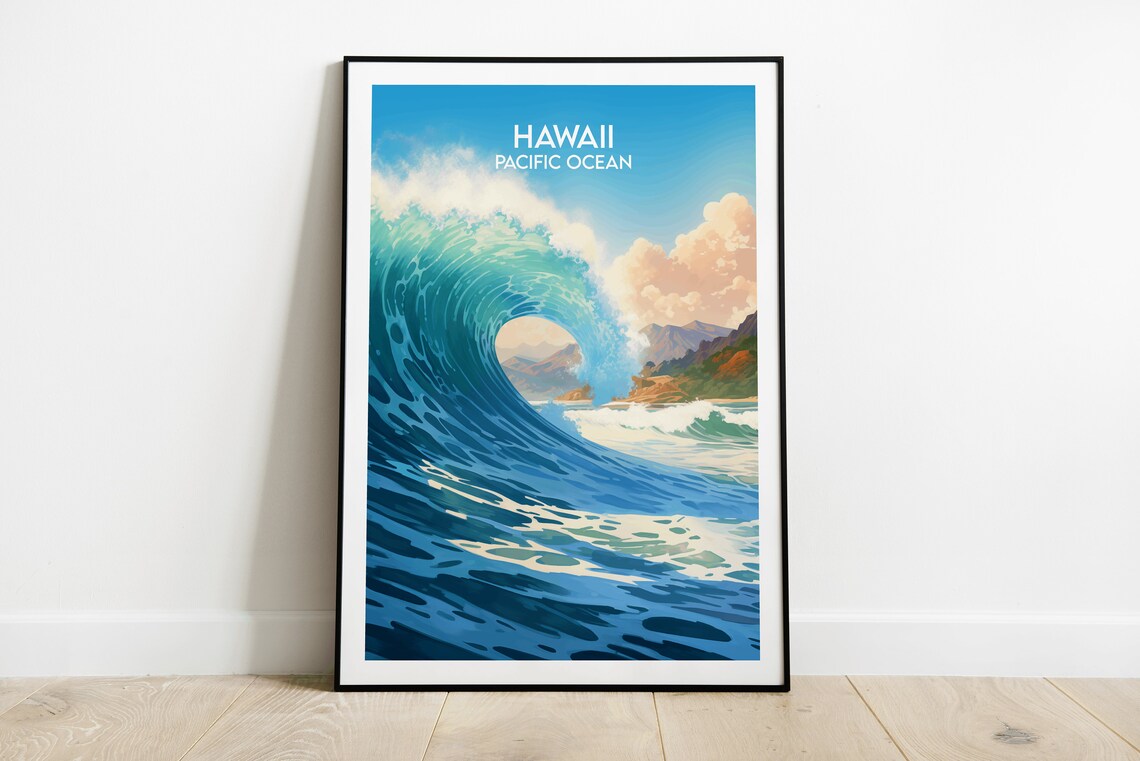 Hawaii Pacific Ocean Big Wave Surf Barrel Vintage Travel Poster