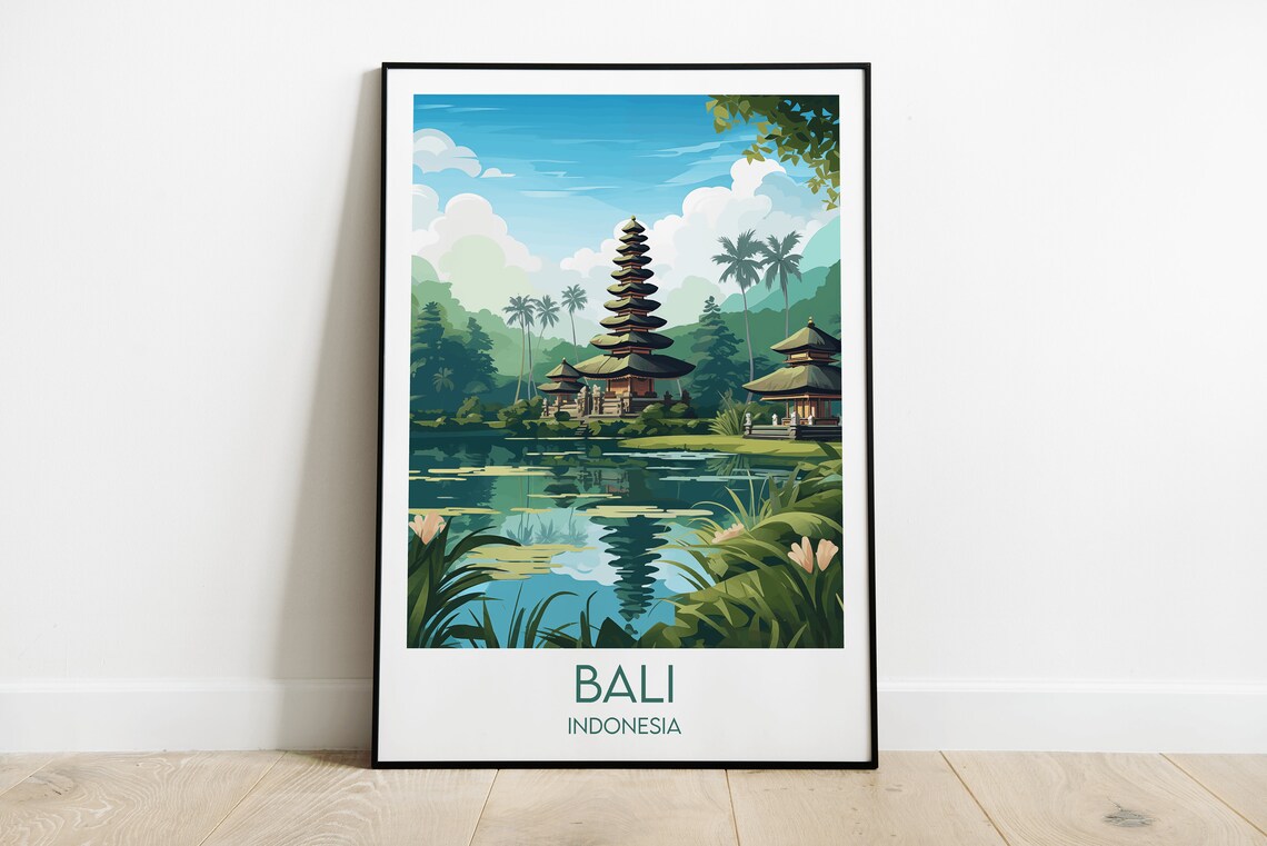 Bali Indonesia Lake Temple with Palms Serene Retro Travel Poster