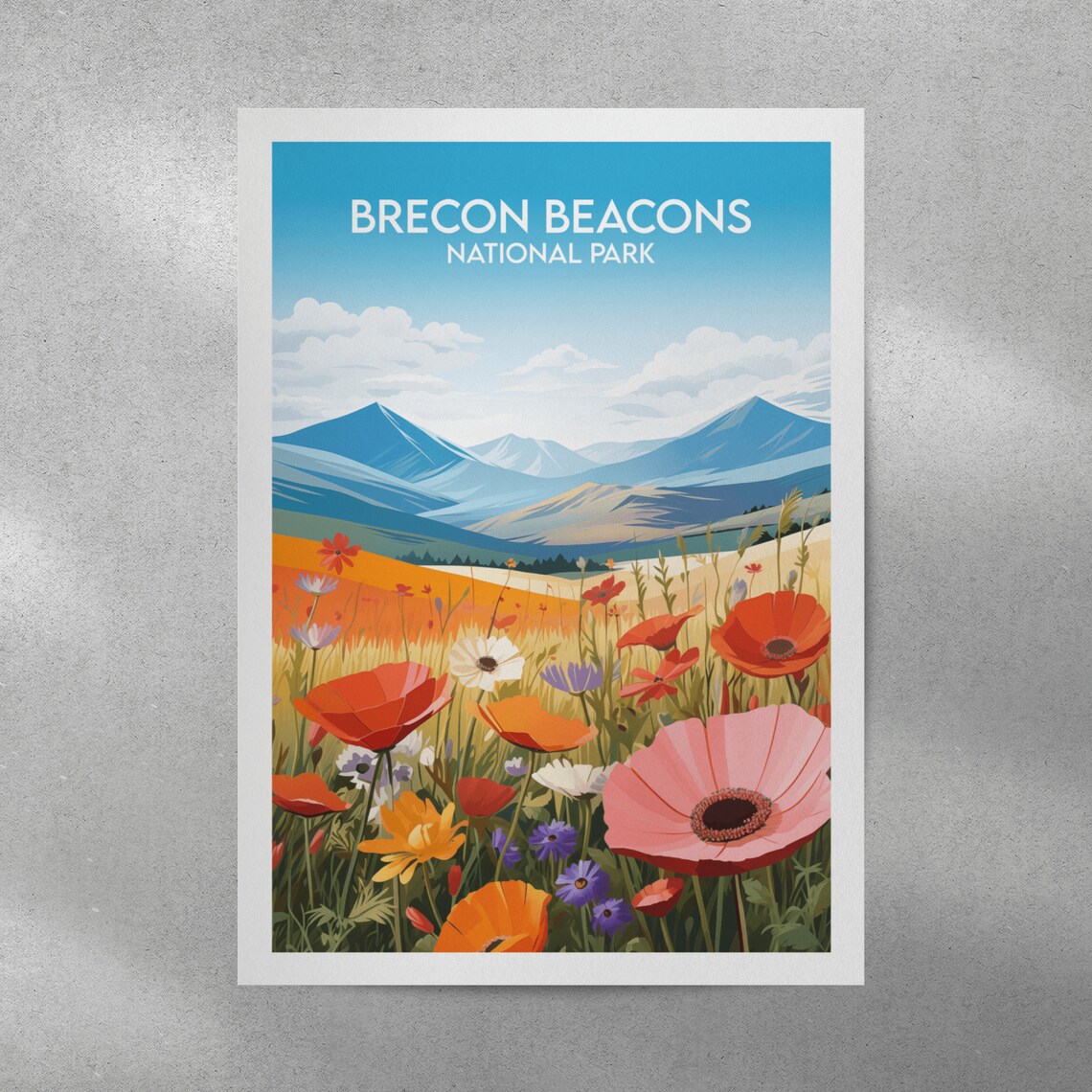 Brecon Beacons National Park Poppy Meadow Mountains Vintage Travel Poster - Image 2