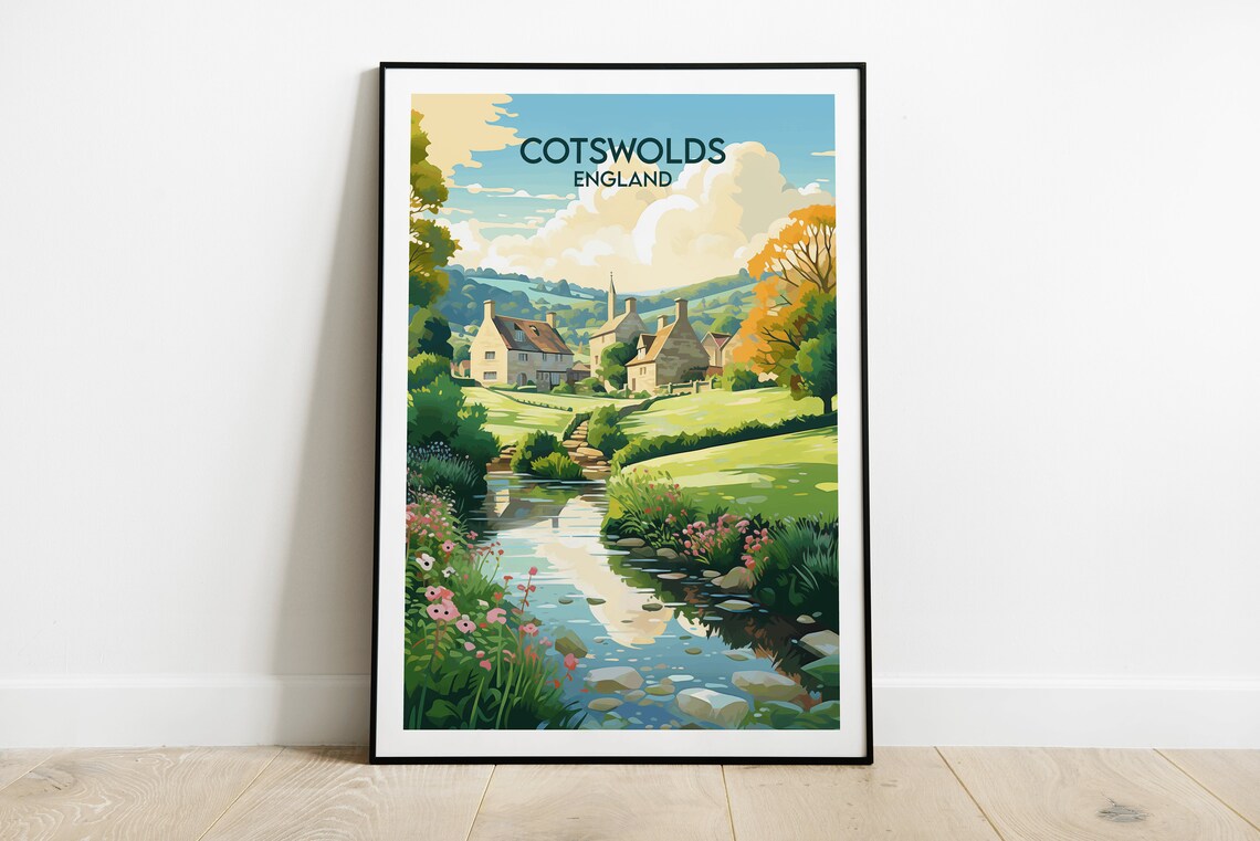 Cotswolds England Village Stream Stone Cottages Countryside Poster