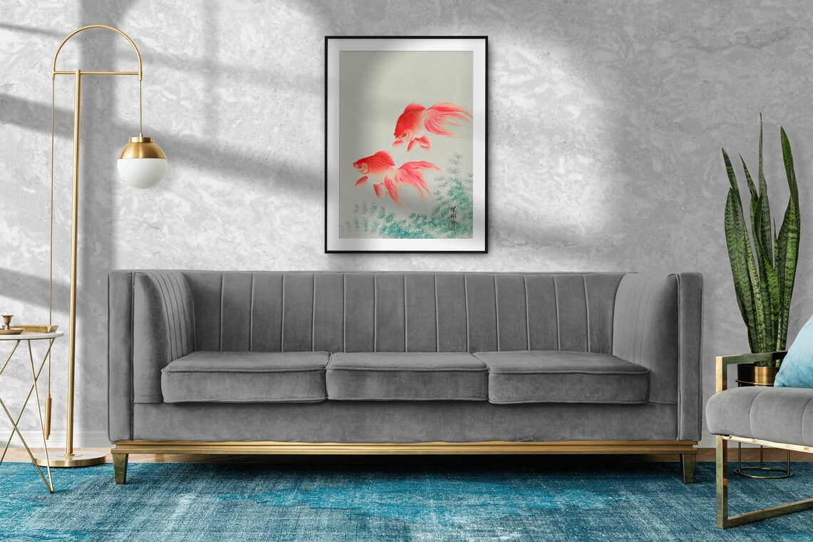Beautiful Twin Red Fantail Goldfish Japanese Woodblock Poster - Image 2