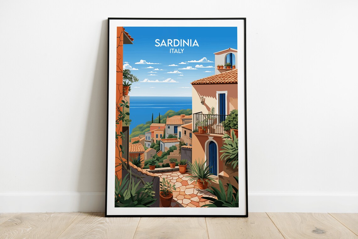 Sardinia Italy Coastal Village Terrace Sea View Travel Poster