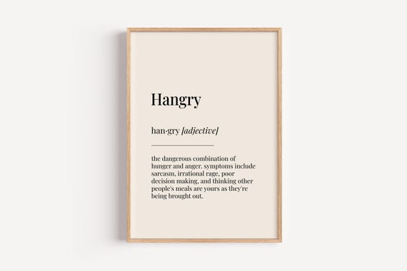 Hangry Definition Dictionary Poster, Kitchen Food Art