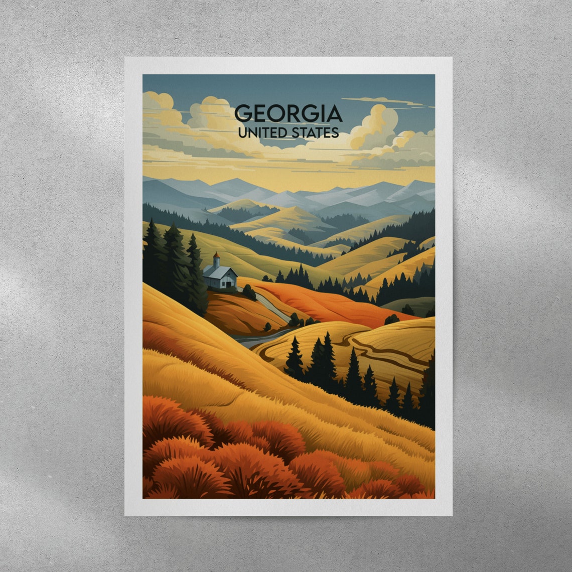 Georgia United States Rolling Hills Cabin Golden Fields Poster - Image 3