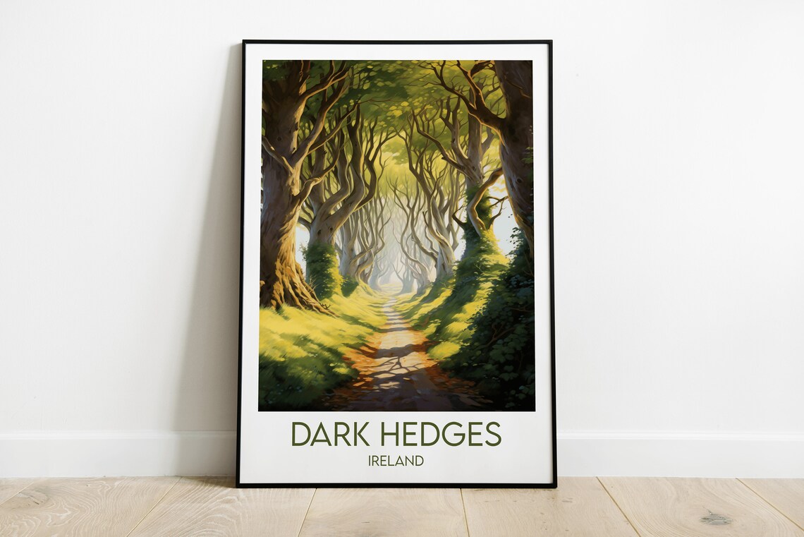 Dark Hedges Ireland Sunlit Tree Tunnel Lane Vintage Travel Poster