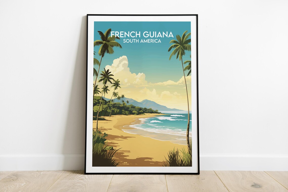 French Guiana South America Vintage Sunset Palm Beach Travel Poster