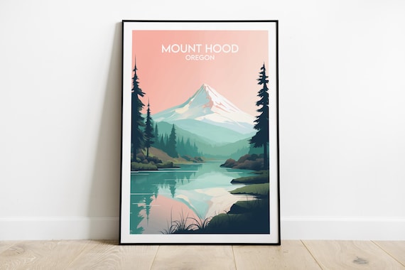 Mount Hood Oregon Snow Mountain Poster Pink Sky Lake Vintage Travel