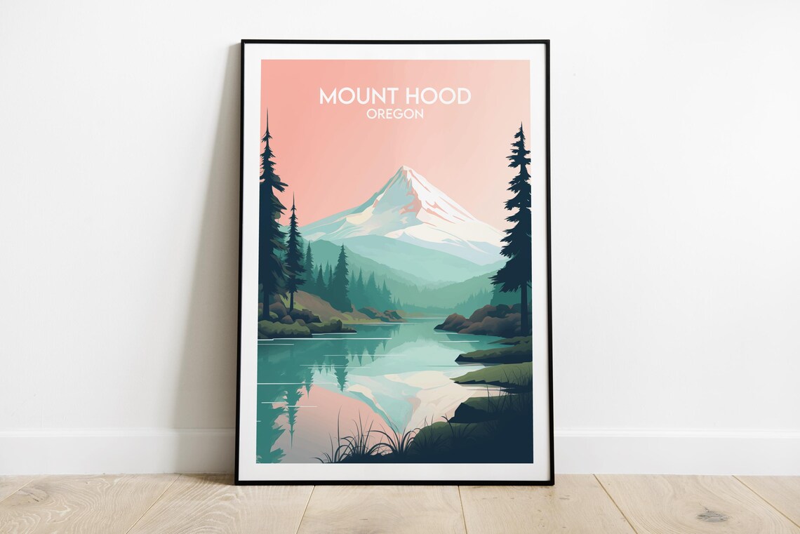 Mount Hood Oregon Snow Mountain Poster Pink Sky Lake Vintage Travel