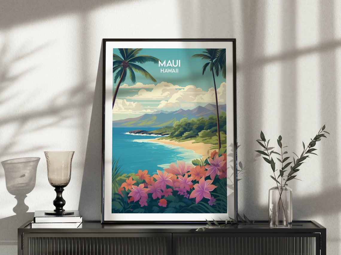 Maui Hawaii Tropical Beach Palm Trees Floral Cove Travel Poster - Image 3
