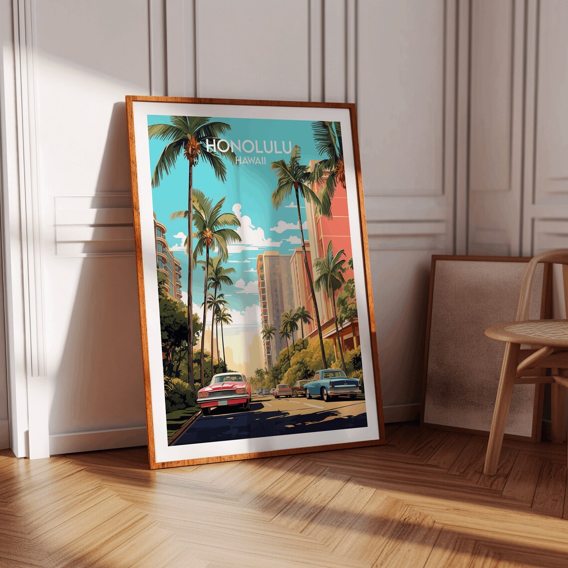 Honolulu Hawaii Vintage Street Palm Trees Classic Cars Poster - Image 2