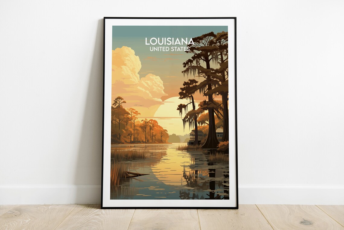 Louisiana Bayou Sunset Cypress Swamp Water Cabin Travel Poster