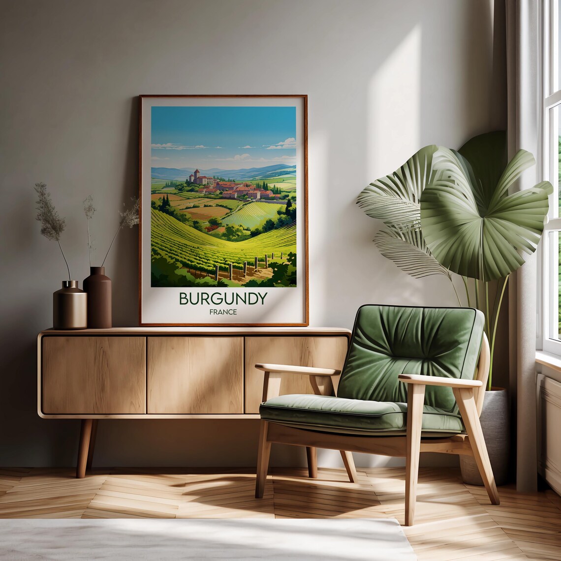 Burgundy France Sunlit Village Hillside Vineyards Travel Poster - Image 2