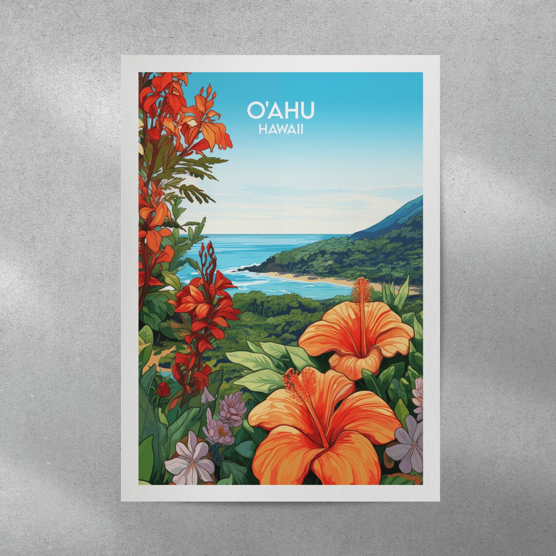 Oahu Hawaii Hibiscus Blooms Coast View Vintage Travel Poster - Image 2