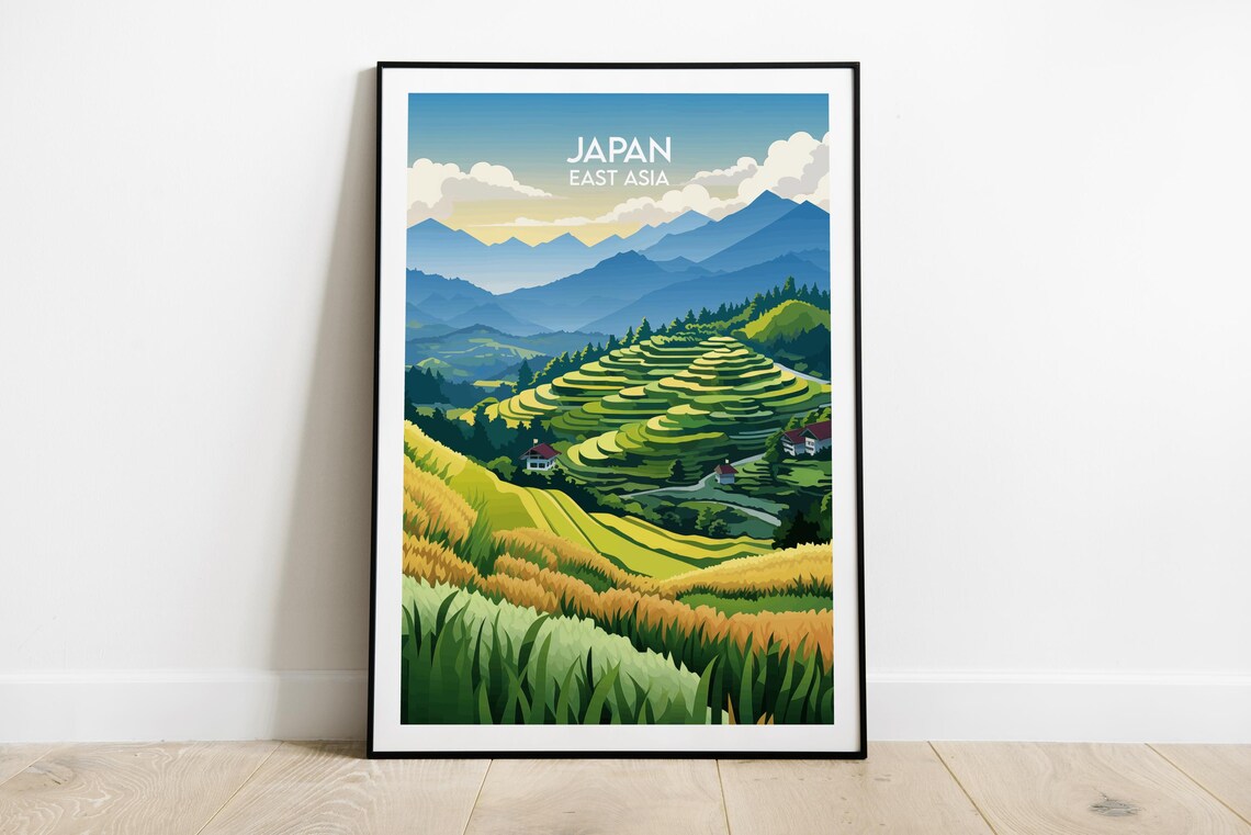 Japan East Asia Terraced Hills And Villages Scenic Travel Poster