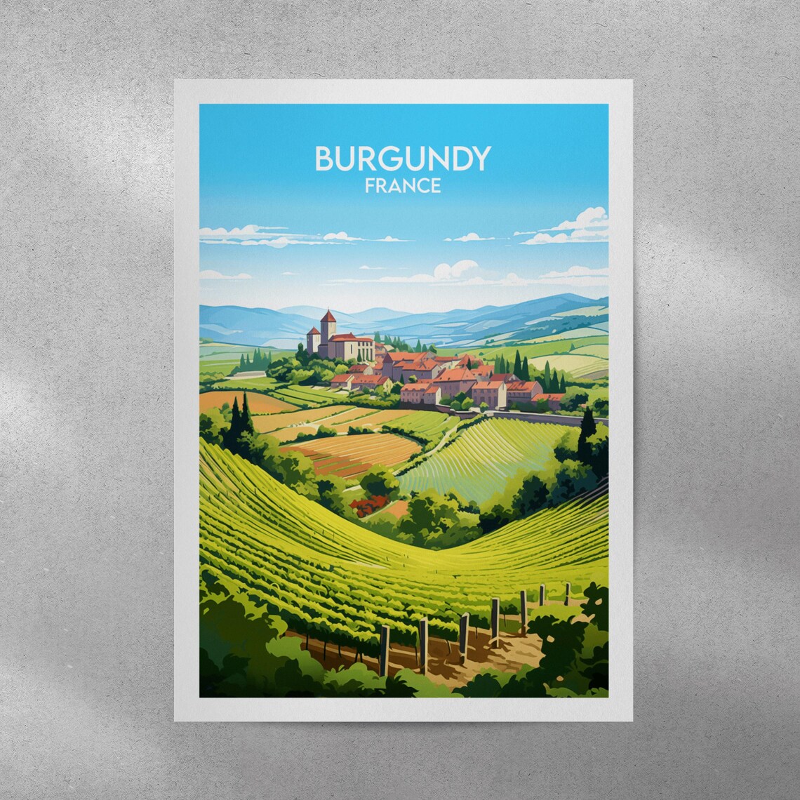 Burgundy France Hilltop Village Vineyards Vintage Travel Poster - Image 4