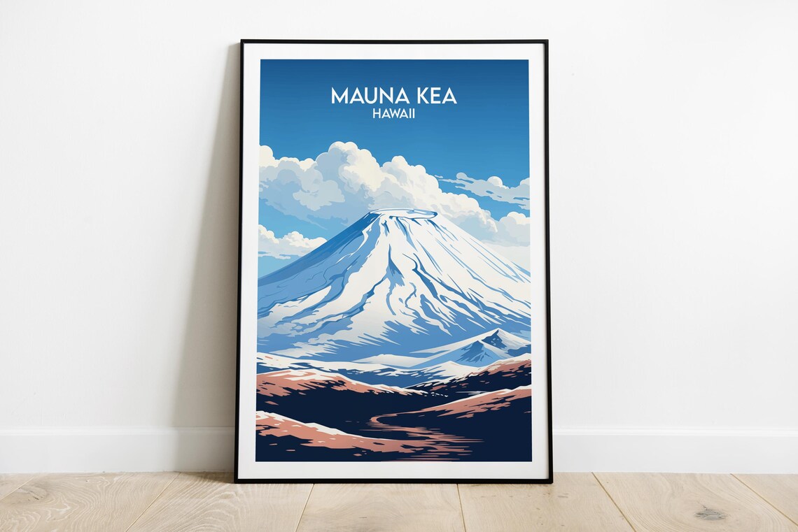 Mauna Kea Hawaii Blue Volcano Travel Poster Mountain Peak Art