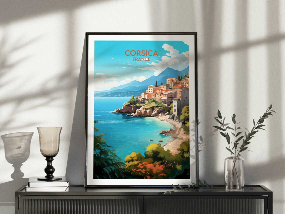 Corsica France Travel Poster Coastal Village Turquoise Sea Artwork - Image 4