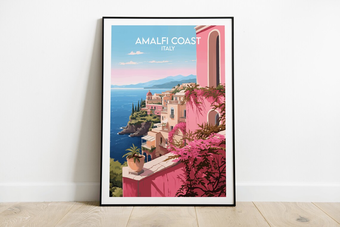 Amalfi Coast Italy Pink Cliffside Village Sunset View Travel Poster