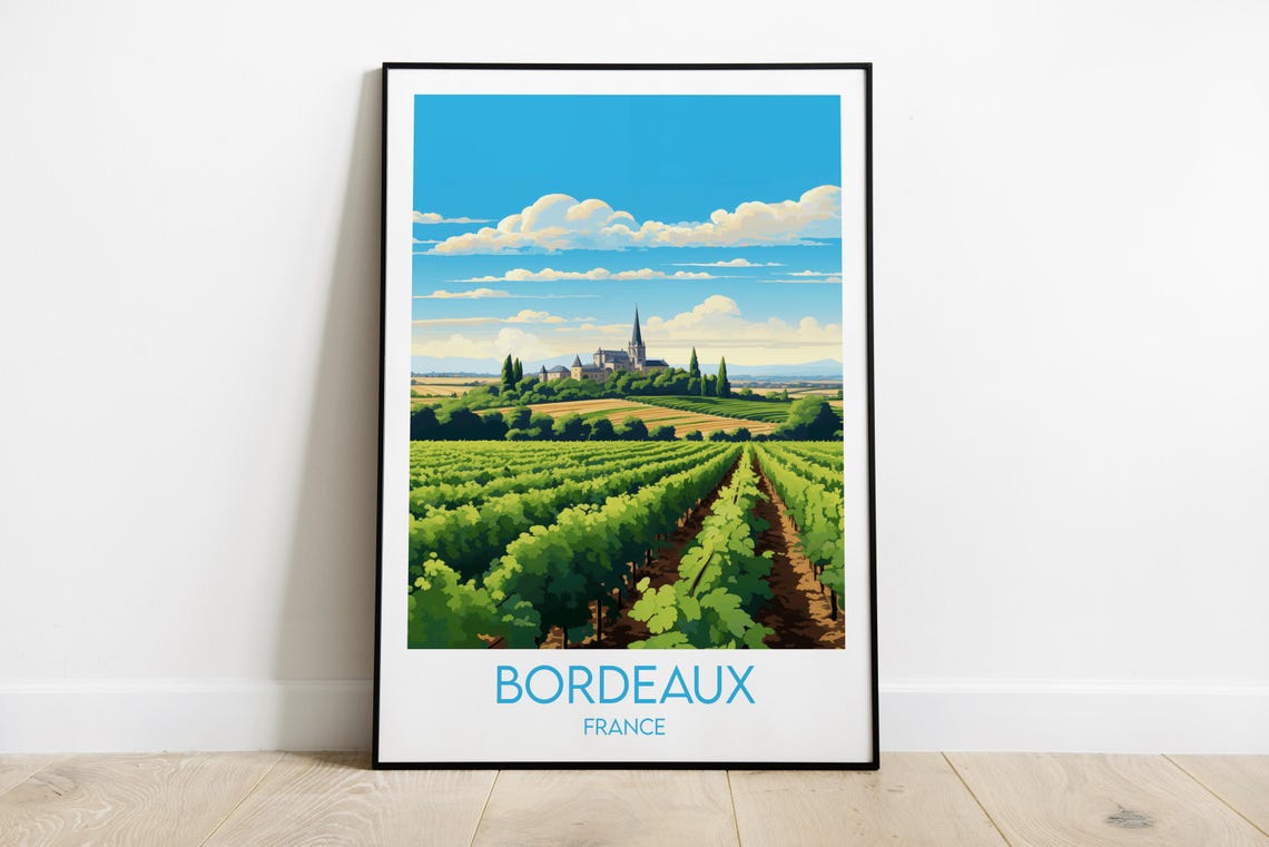 Bordeaux France Sunlit Vineyard Field Church View Travel Poster