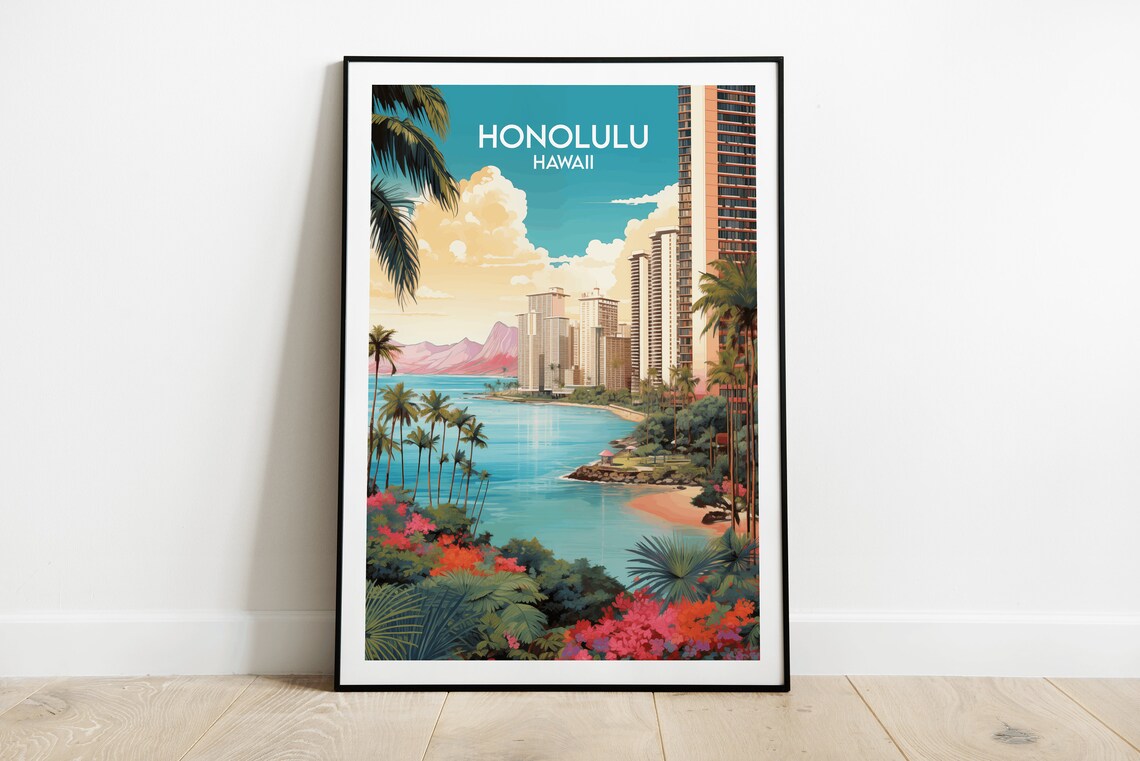 Honolulu Hawaii Tropical Bay Skyline Palm Trees Travel Poster
