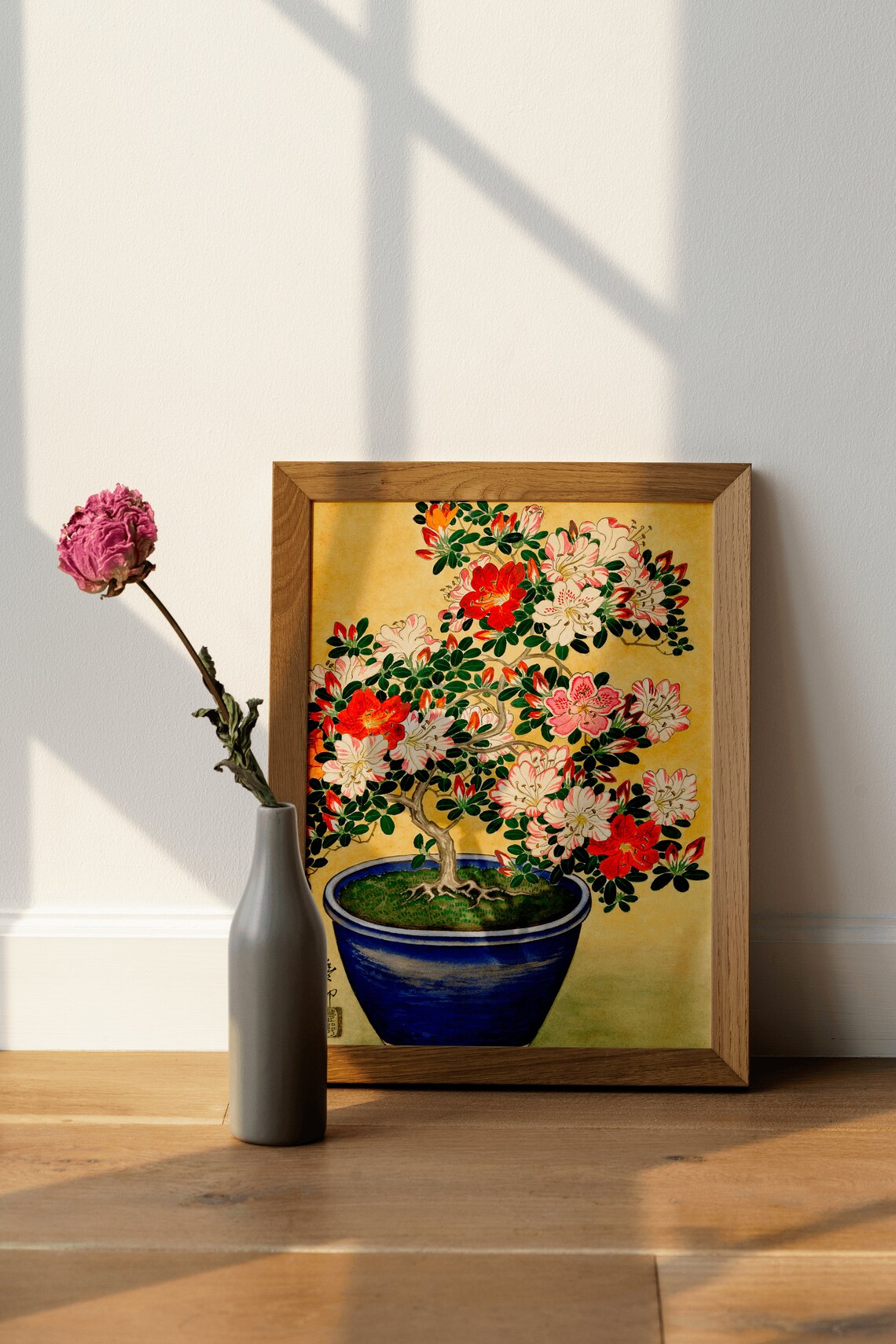 Blooming Azalea Bonsai in Blue Pot Japanese Woodblock Poster - Image 3