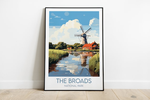 The Broads National Park England Travel Poster Windmill River Artwork