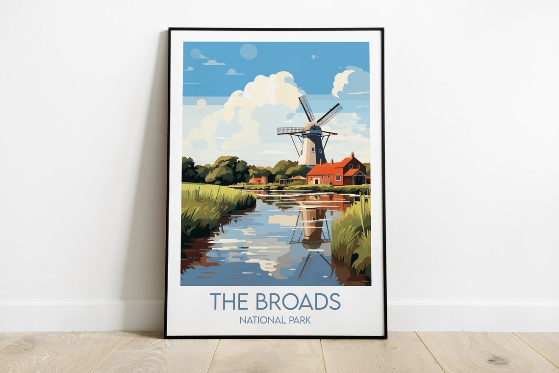 The Broads National Park England Travel Poster Windmill River Artwork