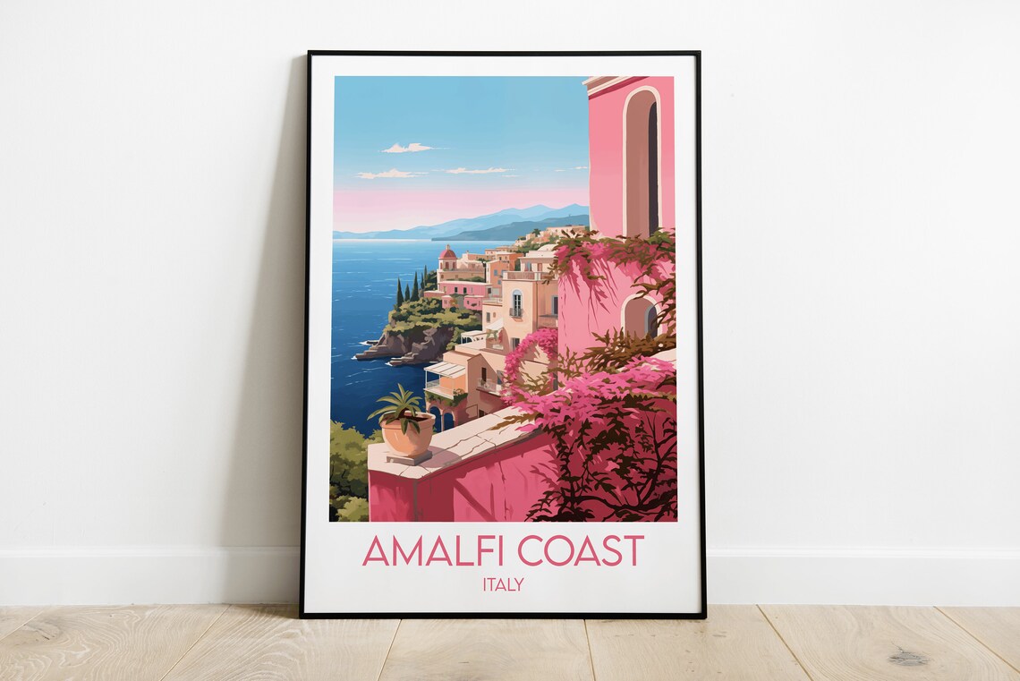 Amalfi Coast Italy Pink Village Bougainvillea Sea Cliff Travel Poster
