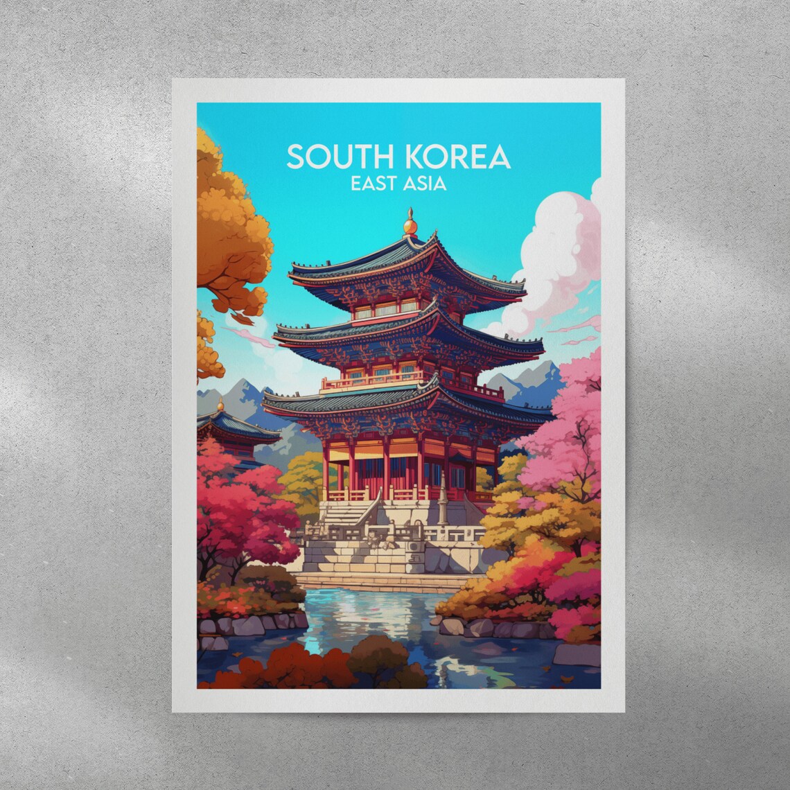 South Korea East Asia Pagoda Temple Blossom Lake Colorful Travel Print - Image 4