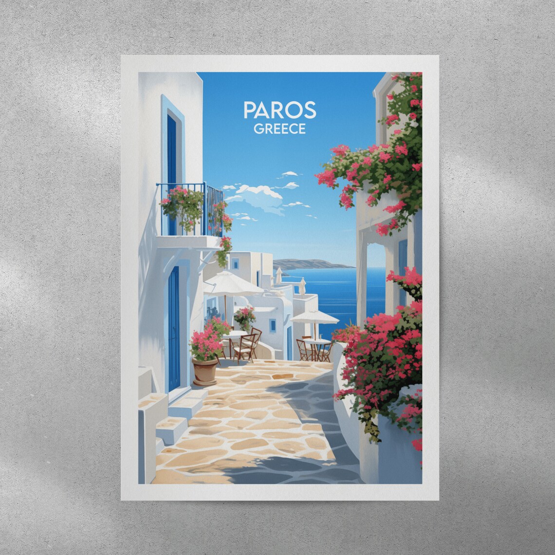 Paros Greece White Alleyway Bougainvillea Retro Travel Poster - Image 2