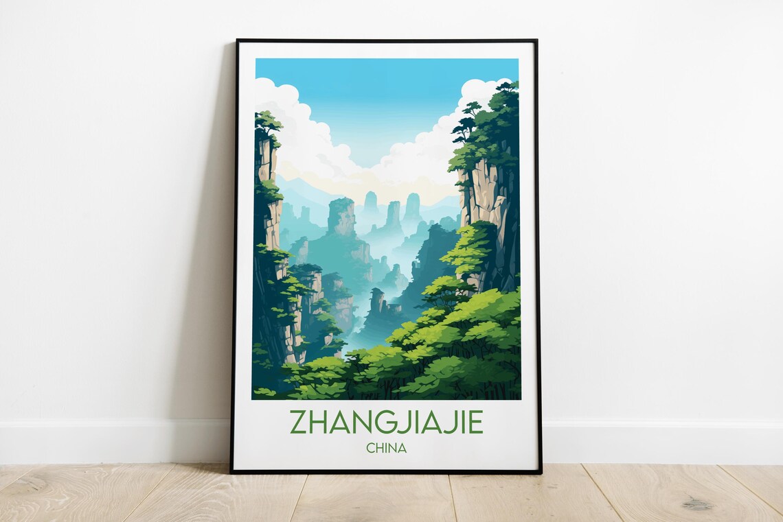 Zhangjiajie China Towering Sandstone Pillars Misty Travel Poster