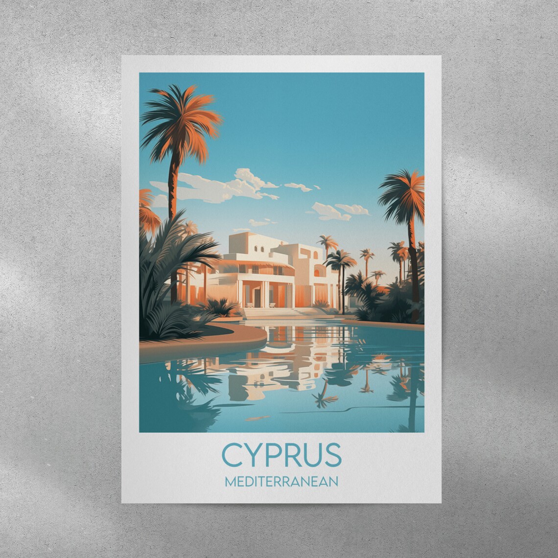 Cyprus Mediterranean White Villa Pool Palms Resort Travel Poster - Image 3