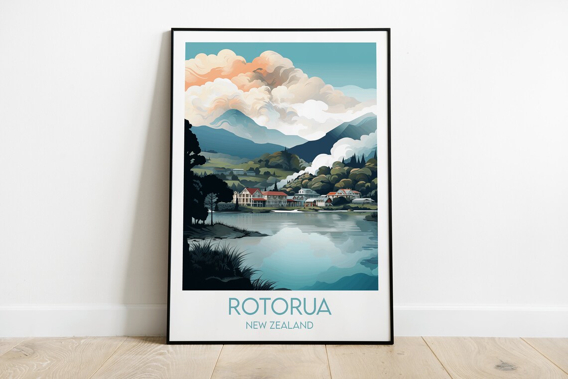 Rotorua New Zealand Geothermal Lake Mountains Vintage Travel Poster