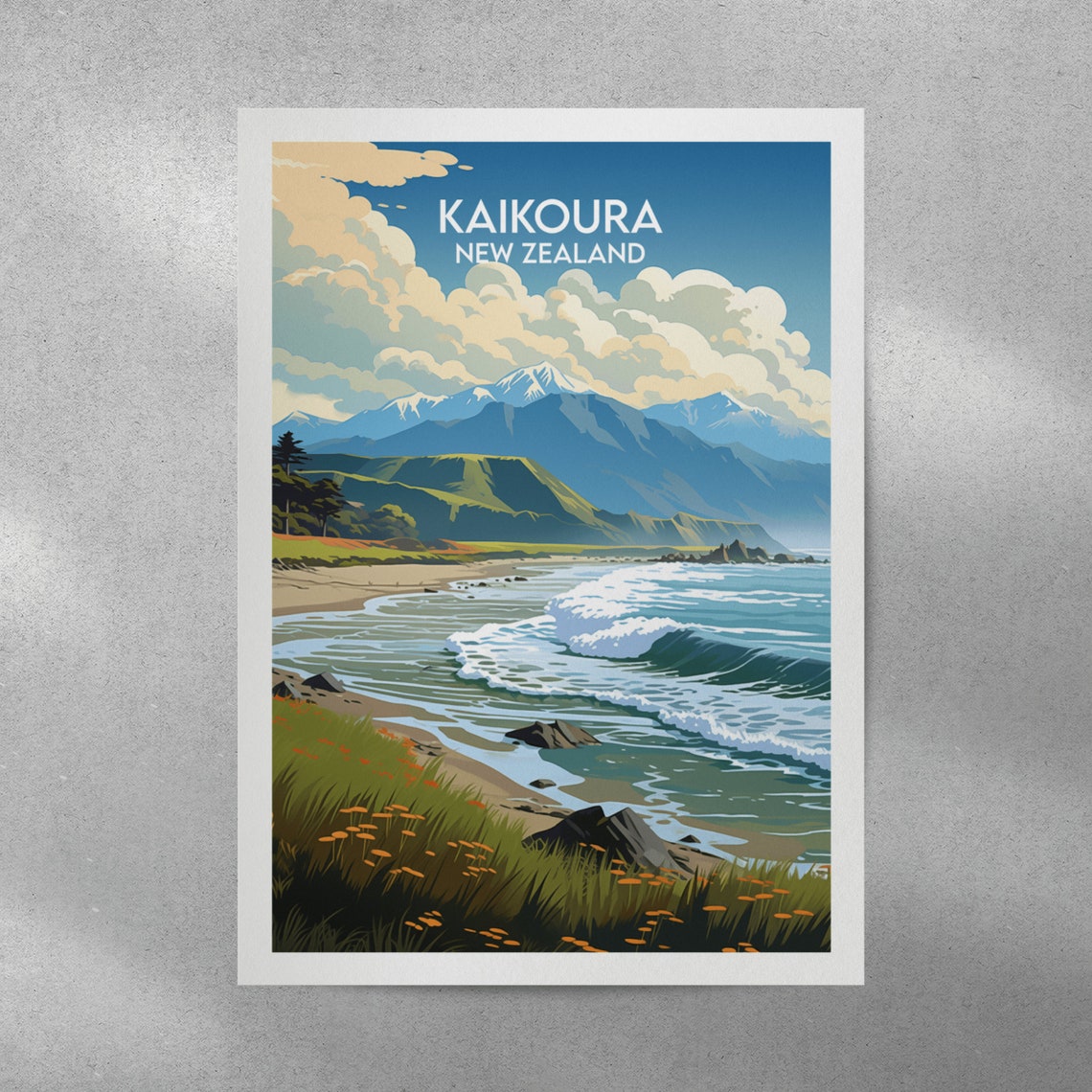 Kaikoura New Zealand Beach Waves Retro Illustrated Travel Poster - Image 3
