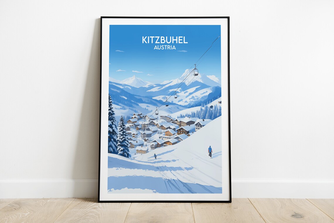 Kitzbuhel Austria Travel Poster Alpine Ski Resort Cable Cars Snow View