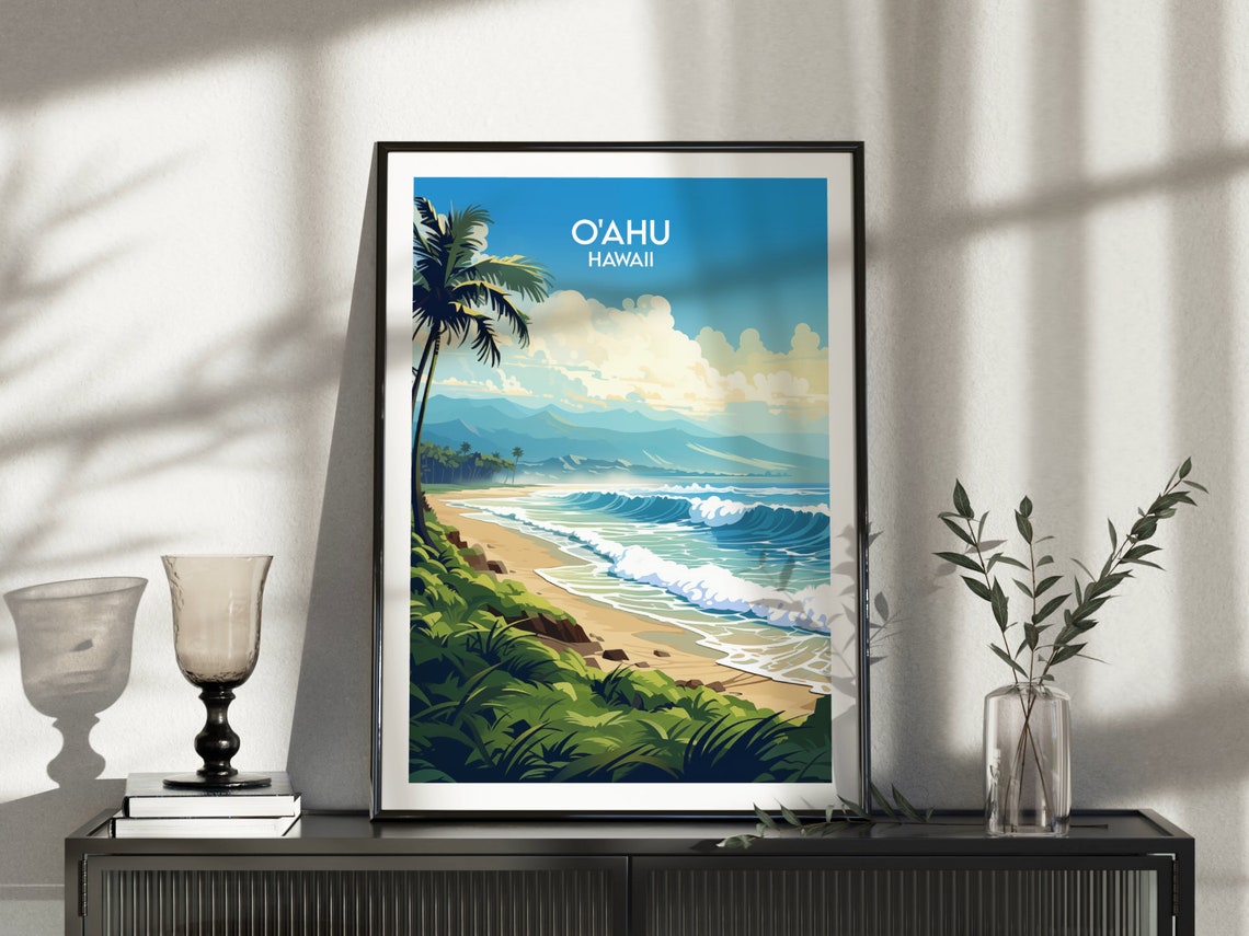 Oahu Hawaii Sandy Beach Palm Trees Ocean Waves Travel Poster - Image 3