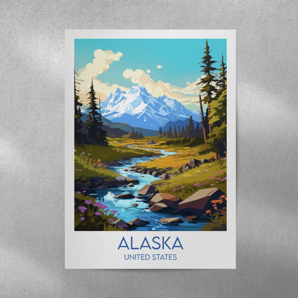 Alaska United States Wildflower Mountain Stream Travel Poster - Image 3